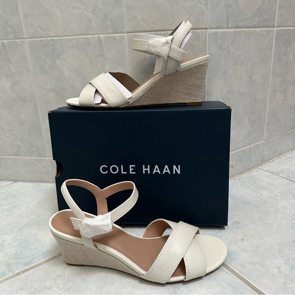 NWT Cole Haan Renata Women's Criss Cross Ivory Leather Wedge Sandals Size 9